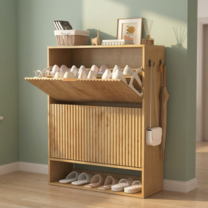 Modern Midcentury Wooden <b>Shoe</b> <b>Storage</b> Cabinet Adjustable Shelves Side Hooks Anti-Tipping Freestanding for Living Room Furniture - Product Image 2
