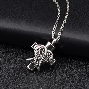 Liontin Salib Sayap Malaikat Religius dari Baja Anti Karat Berlapis Perak, Kalung Penyimpan Abu, Perhiasan Kenangan - Product Image 1