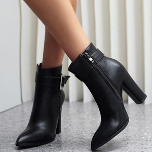 Retro Plus Size 48 Women Ankle Short <b>Boots</b> Metal Buckle Block Heels Shoes Pointy Toe Shoes Pumps Wide Fit for Big Feet Ladies - Product Image 1