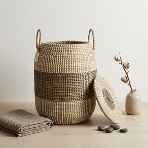<b>Large</b> Round Woven Clothes <b>Basket</b> with Lid High Quality Natural Fiber Laundry <b>Hamper</b> for Hotel and Spa Use Breathable Sustainable - Product Image 1