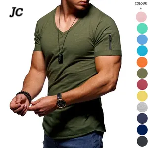 定制标志男士v领基础纯色简约风格t恤拉链装饰休闲运动短袖