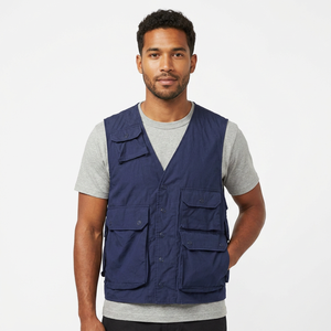 Chaleco sin Mangas Azul para Hombre con Múltiples Bolsillos, Cuello en V Transpirable, Corte Regular, Color Sólido, Ropa Casual de Verano - Product Image 2