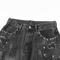 Jean en denim déchiré pour homme, style vintage Y2K streetwear, délavé, vieilli, avec rivets, taille mi-haute