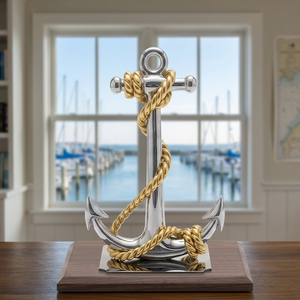 Ancre en acier inoxydable avec corde dorée, décoration nautique, accent de table, sculpture métallique d'intérieur pour salon, style côtier - Product Image 2