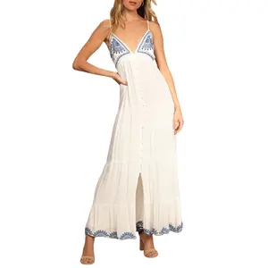 Custom High Quality New Arrives Summer Days White Sleeveless Embroidered Maxi Dress