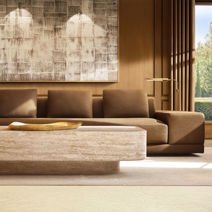 Mesa de centro de piedra moderna RH VITOLO con base esculpida superior de travertino tallado, duradera para sala de estar, hogar, oficina y hotel - Product Image 2