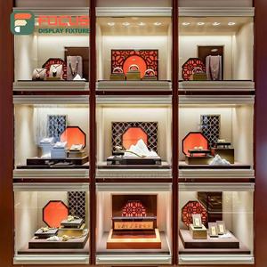 Premium Red Finish Jewelry Counter Glass Display Cabinet Luxury Modern Commercial High End LED Light Jewellery Store Furniture - Product Image 5