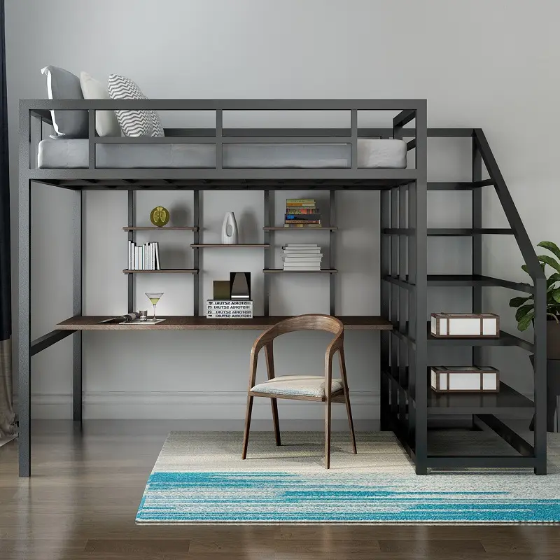 Industrial Apartment Dormitory Home Bedroom Metal Adult Mezzanine Bunk Loft Bed With Desk Under