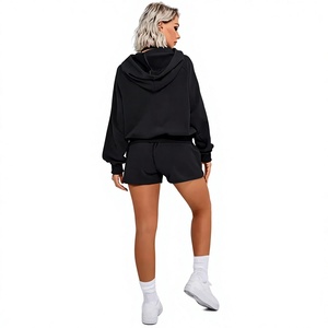Women's Winter Solid Black Long Sleeve Casual Pullover Hoodie Shorts <b>Twin</b> <b>Set</b> OEM ODM Wholesale Eco-Friendly Breathable Apparel - Product Image 2