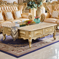 Table basse carrée de style européen, faite à la main, avec cadre en chêne antique et plateau en marbre, meubles de salon