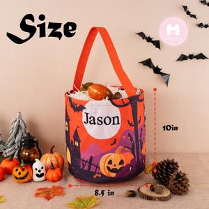 Cubo de dulces personalizado para Halloween con asa, cesta redonda de calabaza de terror, bolsa portátil de almacenamiento con LED para niños - Product Image 5