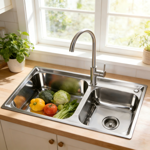 Évier de cuisine <span class=keywords><strong>double</strong></span> en acier inoxydable 800*430mm avec surface polie - Product Image 1