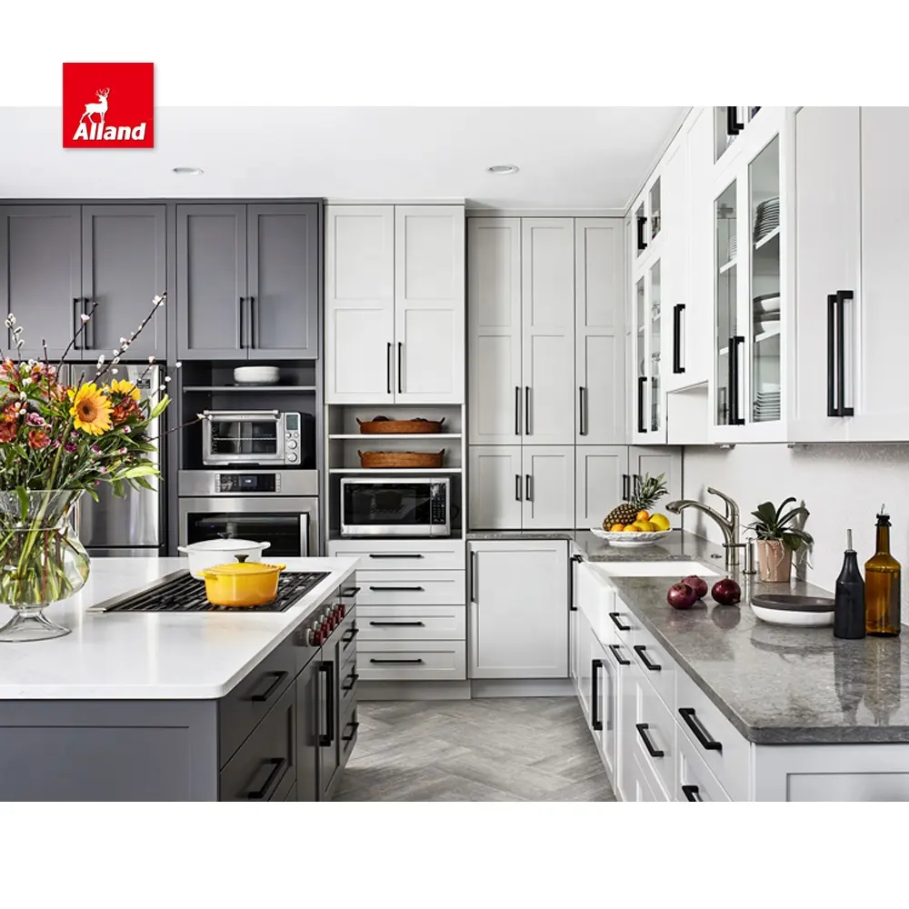 AllandCabinet Shaker tasarım mutfak dolabı gri ve beyaz boyalı iki tonlu Shaker kapı mutfak dolabı cam Mullion kapı