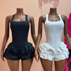 Combinaison courte moulante plissée sans manches unie pour femme avec volants et patchwork tendance - Product Image 1