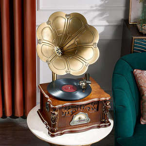 Tocadiscos de vinilo vintage directo de fábrica con bocina metálica, radio FM, USB, Bluetooth, 3 velocidades, tocadiscos de madera para decoración del hogar - Product Image 3