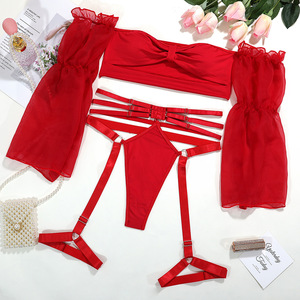 Meilleures ventes : Lingerie rouge sexy en résille transparente, érotique, avec porte-jarretelles, culotte T-back et haut bustier, pour tenues sexy - Product Image 4