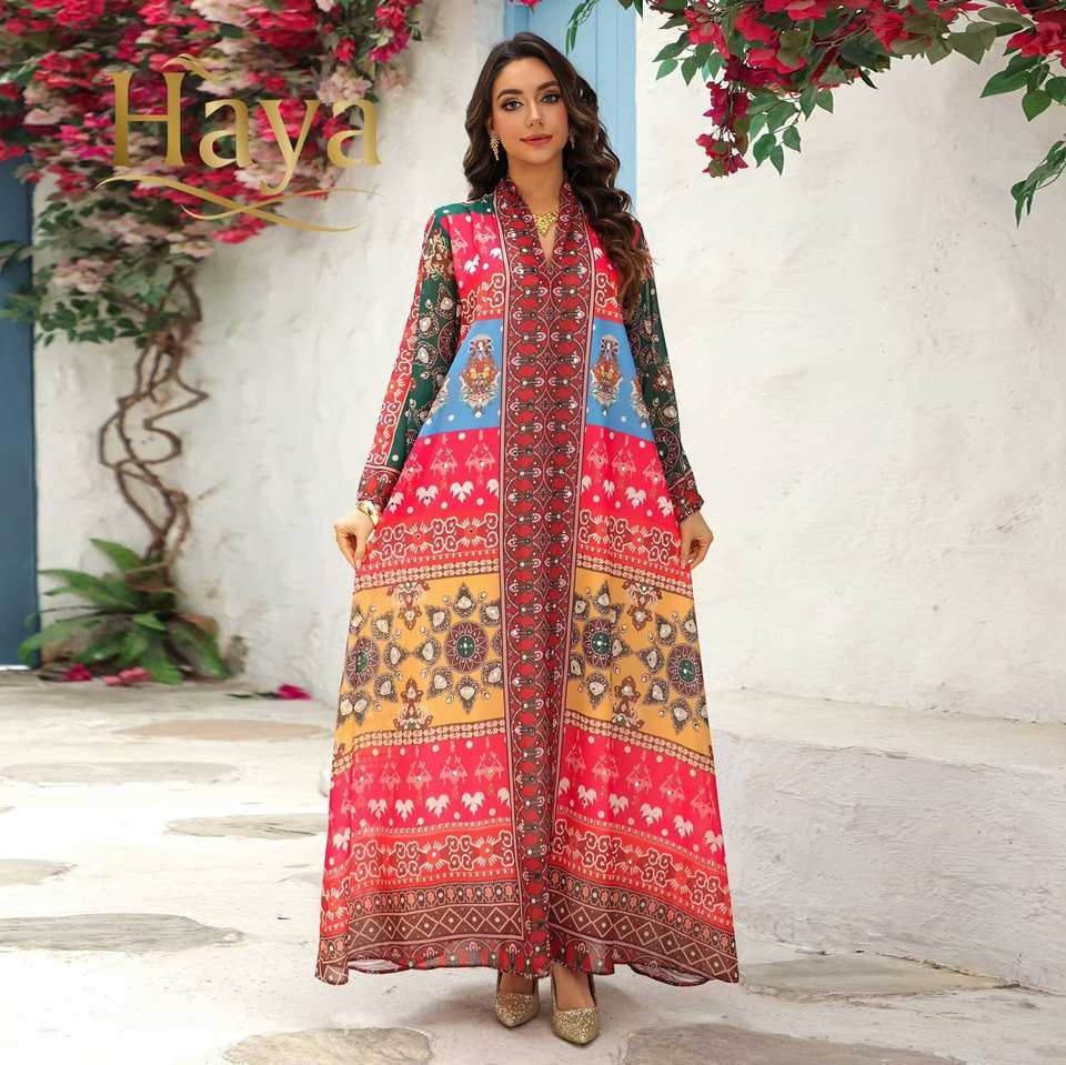 Vestido largo musulmán con estampado étnico Multicolor de lujo de Dubái 2026, traje Abaya modesto con manga acampanada y cuello en V