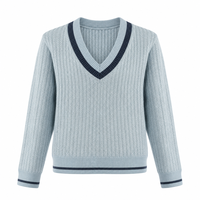 Pull en tricot pour femme OEM ODM, col en V, bordure rayée contrastée, manches longues, texture côtelée, style preppy, pull en tricot pour femme