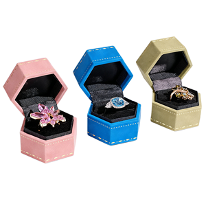Hexagonal Velvet <b>Ring</b> <b>Box</b> with Gold Stitched Trim Multi-Color Flap Open Hexagon <b>Ring</b> <b>Gift</b> <b>Box</b> - Product Image 1
