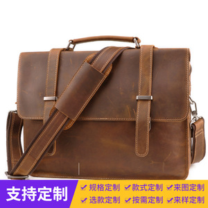 Genuine Leather Men's <b>Briefcase</b> Large Capacity Business Handbag Dark Brown Solid Color Sewing Thread Design - Product Image 4