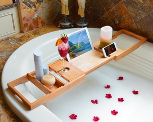 Luxury Spa Bathroom Organizer Bamboo Bathtub Caddy <strong>Tray</strong> Extendable <strong>Bath</strong> Tub <strong>Tray</strong> with Wine Glass &amp; Device Holder - Product Image 4