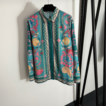 Women's Long Sleeve Tie Waist Short Shirt with Seafood Shell Print New Style Blouses Shirts