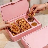 Boîte à biscuits rose en carton alimentaire recyclé avec logo personnalisé et séparateurs pour coupelles de sauce