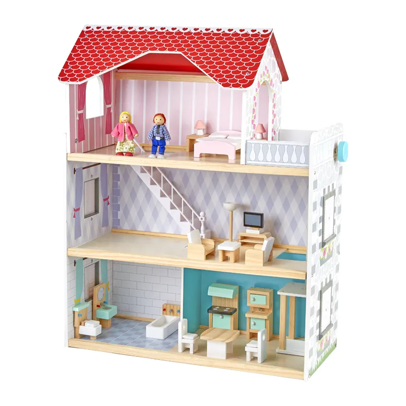 Large Doll House 3 Floors Big Wooden Kids Pretend Role Play Wooden Baby Doll House Furniture Toddler Toys With Accessories