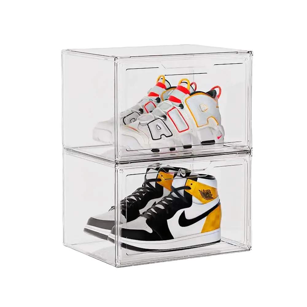صندوق تخزين حذاء رياضي أكريليكي شفاف بشاشة مغناطيسية يمكن رصه فوق بعضه من البلاستيك