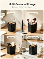 Conteneur de rangement en vrac pour salle de bain, porte-pinceaux de maquillage avec séparateur en bambou amovible pour brosses à dents, stylos, petits outils de cuisine
