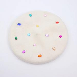 Boina de Lana a Rayas con Pedrería, Estilo Vintage, Versátil, para Otoño e Invierno, para Cabezas Grandes - Product Image 2