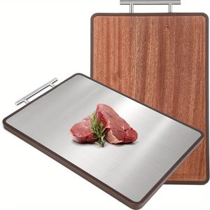 Planche à découper personnalisée double face en bois d'acacia et acier inoxydable pour la viande et les légumes, planche à charcuterie de cuisine - Product Image 1
