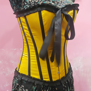 Fullbust Steelboned Two Tone Yellow And Black Satin Corset With Frill And Bow - Product Image 1