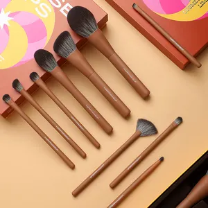 HMU 10pcs Luxury High Quality Fluffy Antibacterial Hair Premium Vegan Wooden Handle Private Label Brown Makeup Make Up Brushes