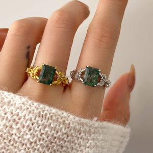Classic Unique Design Trendy Brass <b>Moss</b> <b>Agate</b> Engagement <b>Ring</b> Princess Cut 18K Gold Plated Natural Green <b>Agate</b> for Women - Product Image 4