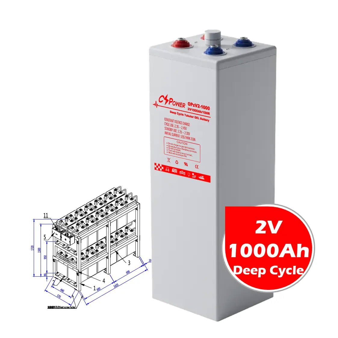 CSPower 2V 1000Ah Deep Cycle Tubular Gel OPzV Battery for Battery Pack China Factory OPzV2-1000 10OPzV1000 DAR