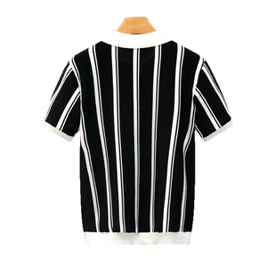 เสื้อโปโลผู้ชายสไตล์เกาหลีสำหรับฤดูร้อน เนื้อผ้าไหมน้ำแข็งระบายอากาศดี ลายทางแนวตั้ง  ถักทออย่างประณีต เหมาะสำหรับวัยรุ่น สวมใส่สบายๆ - Product Image 6