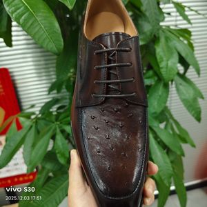 Chaussures habillées Oxford pour hommes en cuir véritable à bout pointu, à lacets, motif autruche rouge, toutes saisons, pour mariage et occasions formelles - Product Image 3