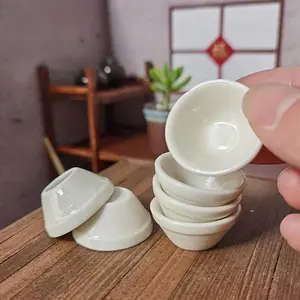Peralatan Makan Keramik Miniatur Mangkuk Putih Murni untuk Rumah Boneka