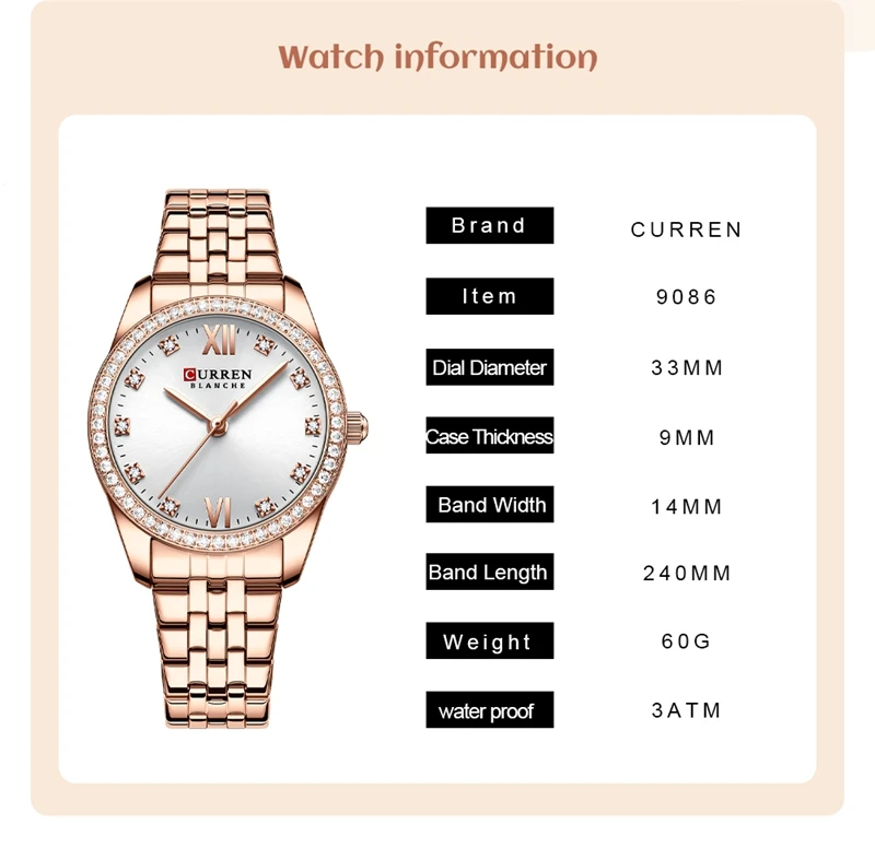 New CURREN Watch for Women High Quality Quartz Watches Luxury Diamond Case 3ATM Waterproof Watch Fashion Sports Men's Model 9086