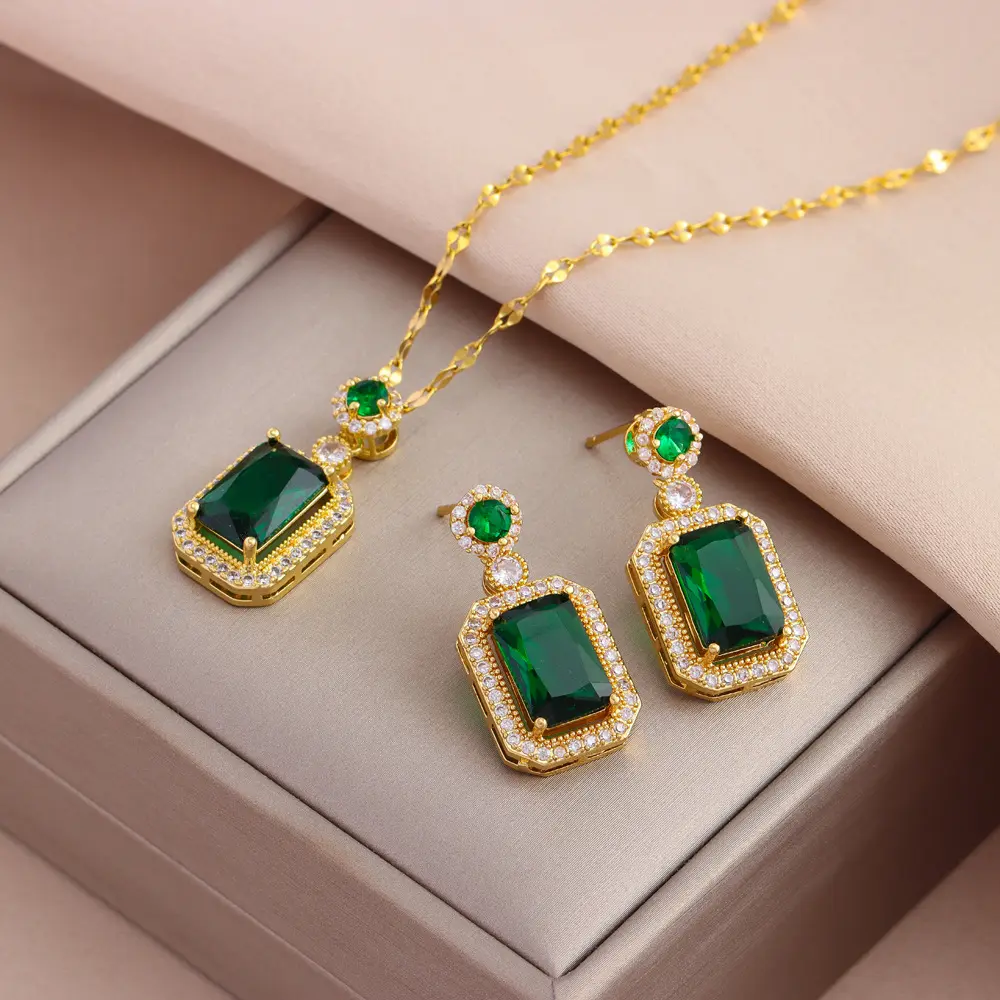 Jewelry Sets Fashion CZ Drop Earrings 18k Gold Plated Stainless Steel Zircon Pendants Necklace Christmas Gift Jewelry Set