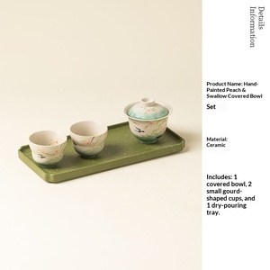 Service à thé Kung Fu en céramique sous glaçure, motif fleur de pêcher peint à la main, comprenant une tasse à thé, une théière et un bol avec couvercle, pour usage domestique - Product Image 6
