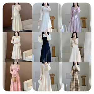 Robe d'Été Courte Décontractée pour <span class=keywords><strong>Femme</strong></span>, Style Coréen, Mini, à Col en V, Manches Courtes, Fleurie, Motifs Géométriques et Dentelle, Longueur au Genou - Product Image 2