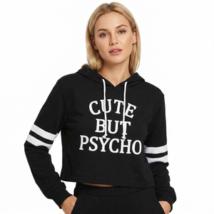 Sweat-shirt à capuche court noir pour femme avec imprimé lettres blanches, manches longues, style décontracté - Product Image 1