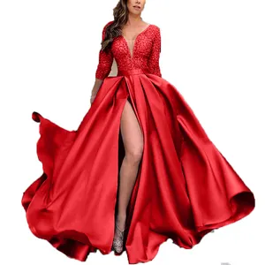 Vestido longo de festa de baile, tamanho grande elegante saia longa cauda casual vestidos com lantejoulas a-linha profundo decote em v divisão lateral longo