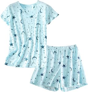 Pigiama in Cotone Personalizzato per Donna, Set con Scollo a V e Maniche Corte, Stampa Luna e Stelle, Morbido Abbigliamento da Notte in 2 Pezzi per l'Estate - Product Image 1