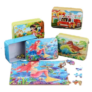 2023 60 Stuks Ijzeren Doos Houten Kids 3d Puzzel Kinderen Cartoon Vroeg Educatief Speelgoed Het Dier Patroon Puzzels