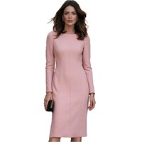 Robe de travail formelle pour femme, coupe crayon midi, col bateau, manches longues, avec couture verticale