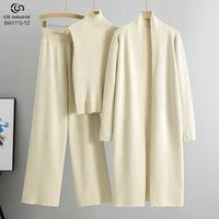 Damen Strickwaren Dreiteiliges Set Langer Cardigan Weste Weite Hose Lässiger Lockerer Schnitt Herbst Winter Großhandel