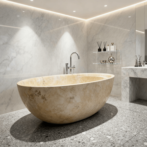 Baignoire autoportante ovale en marbre brun naturel moderne Ameublement de maison moderne pour le trempage dans des villas en pierre naturelle - Product Image 1